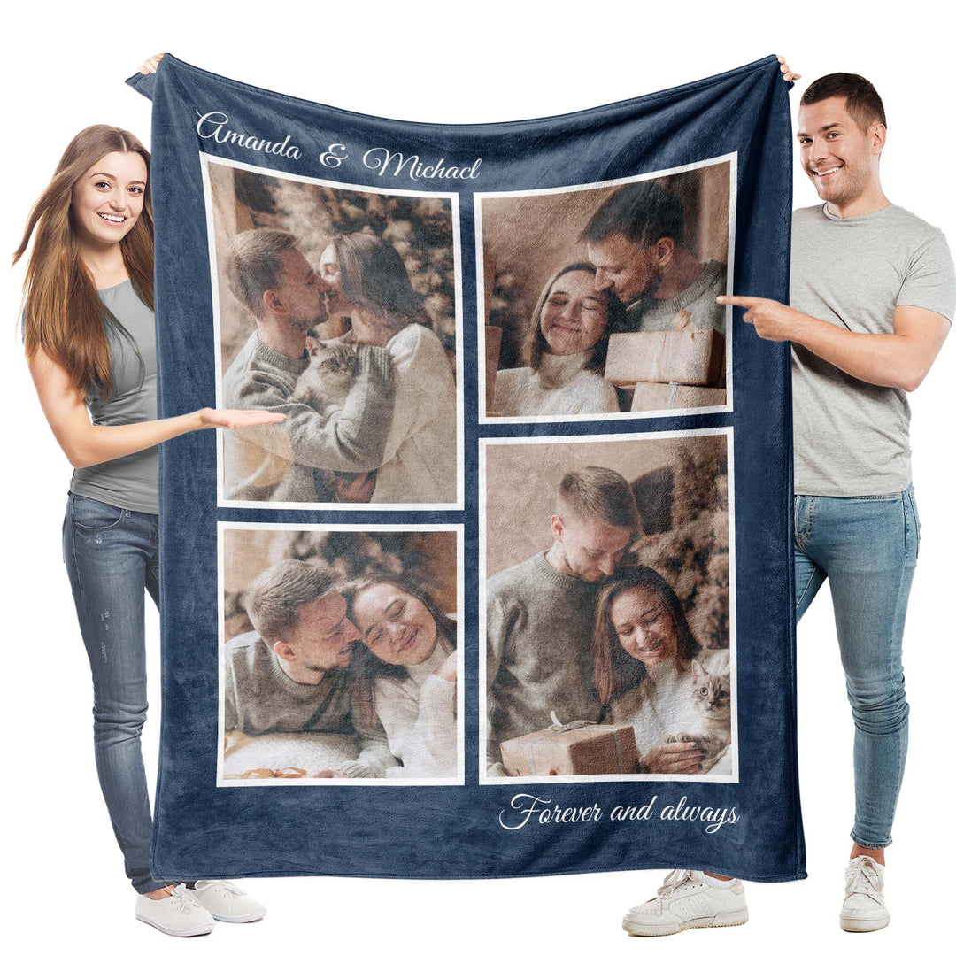 Custom 4-Photo Collage Flannel Blanket With Text