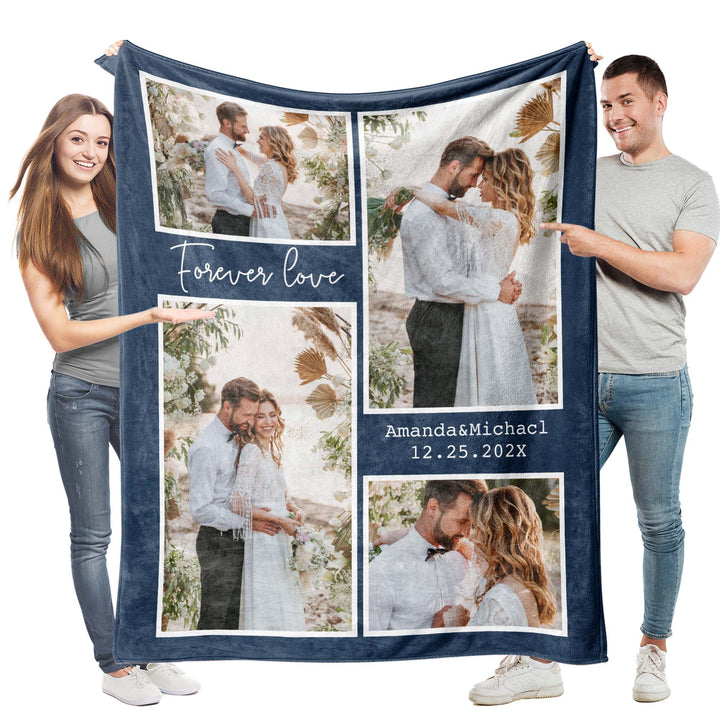 Custom Four Grids Collage Flannel Blanket With Text