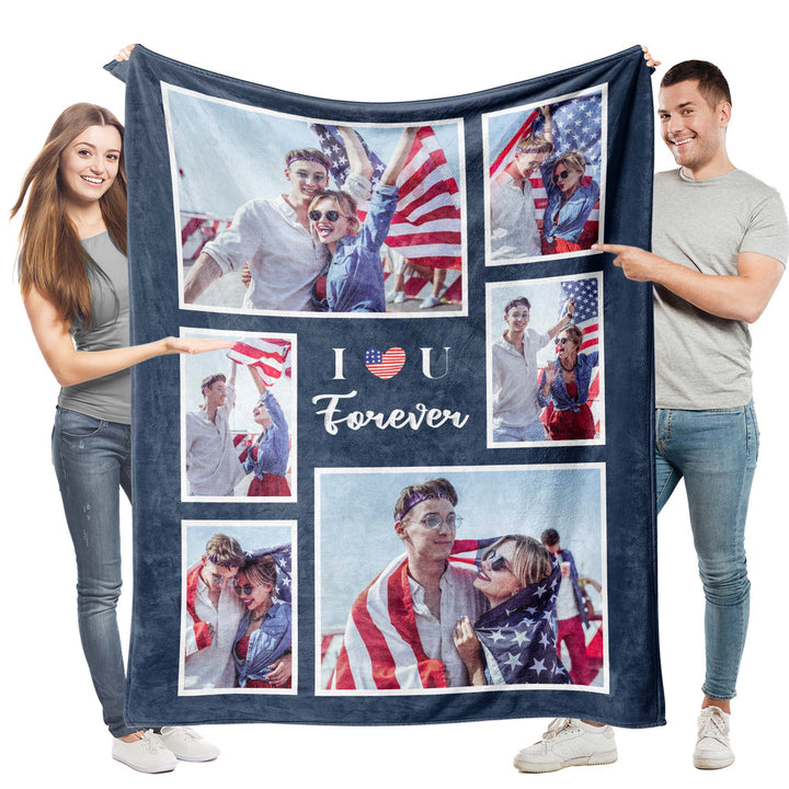 Custom 6 Grids Photo Collage Flannel Blanket With Text
