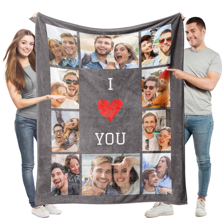 Custom Ten Grids Photo Text Flannel Blankets With Heart Icon