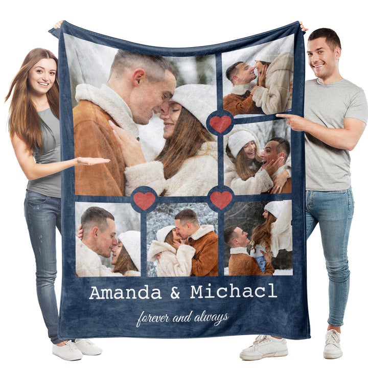 Custom Heart Linked Multi-Photo Collage Flannel Blanket With Text
