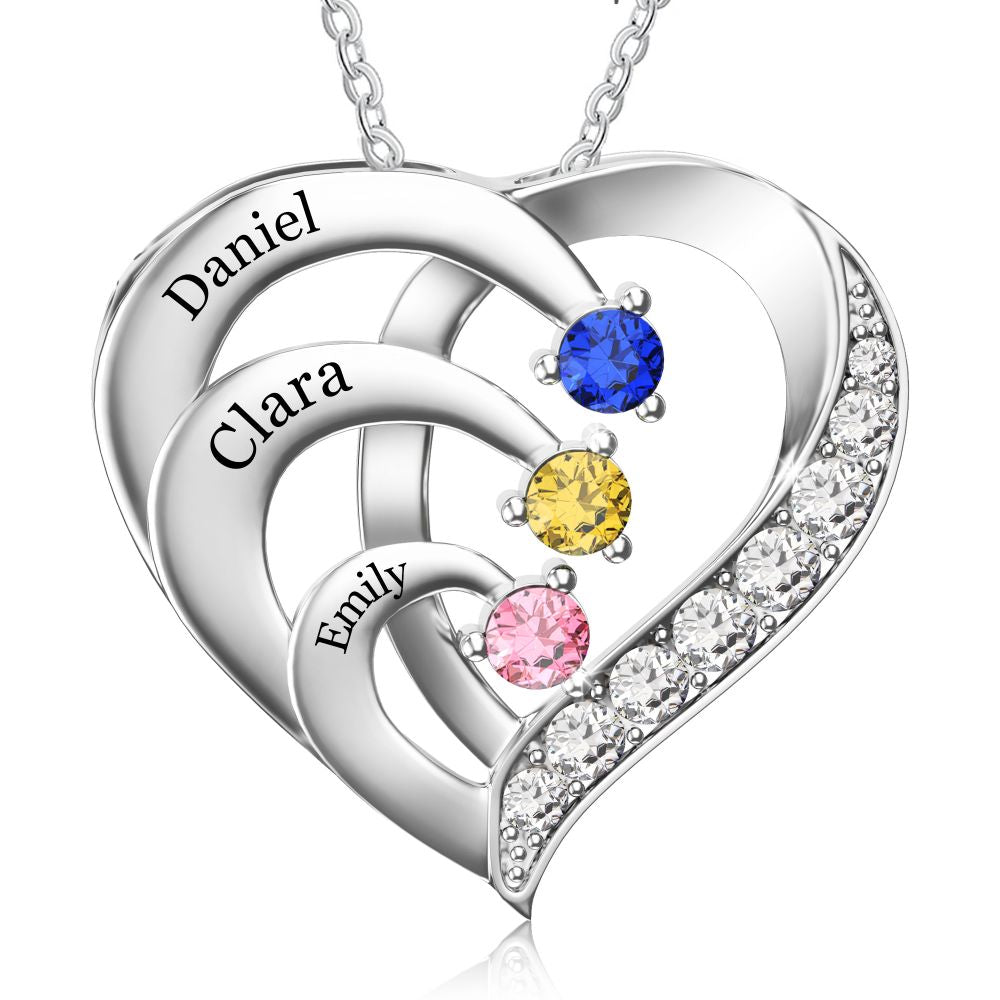 Personalized 3 Names Simulated Birthstone Heart Necklace