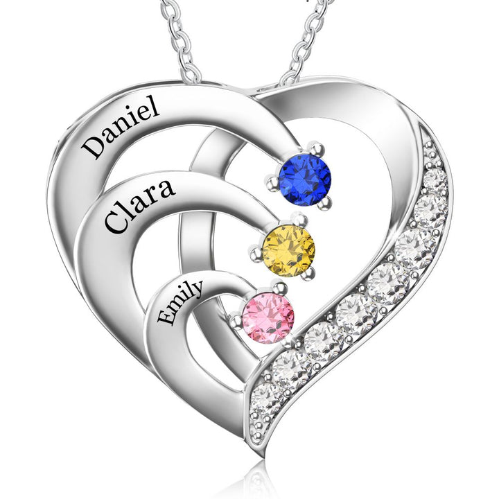 Personalized 3 Names Simulated Birthstone Heart Necklace