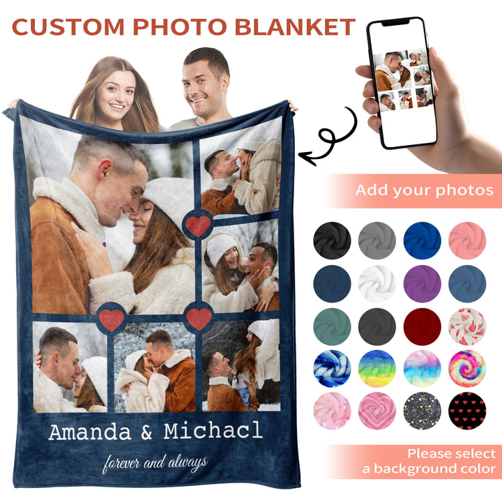 Custom Heart Linked Multi-Photo Collage Flannel Blanket With Text