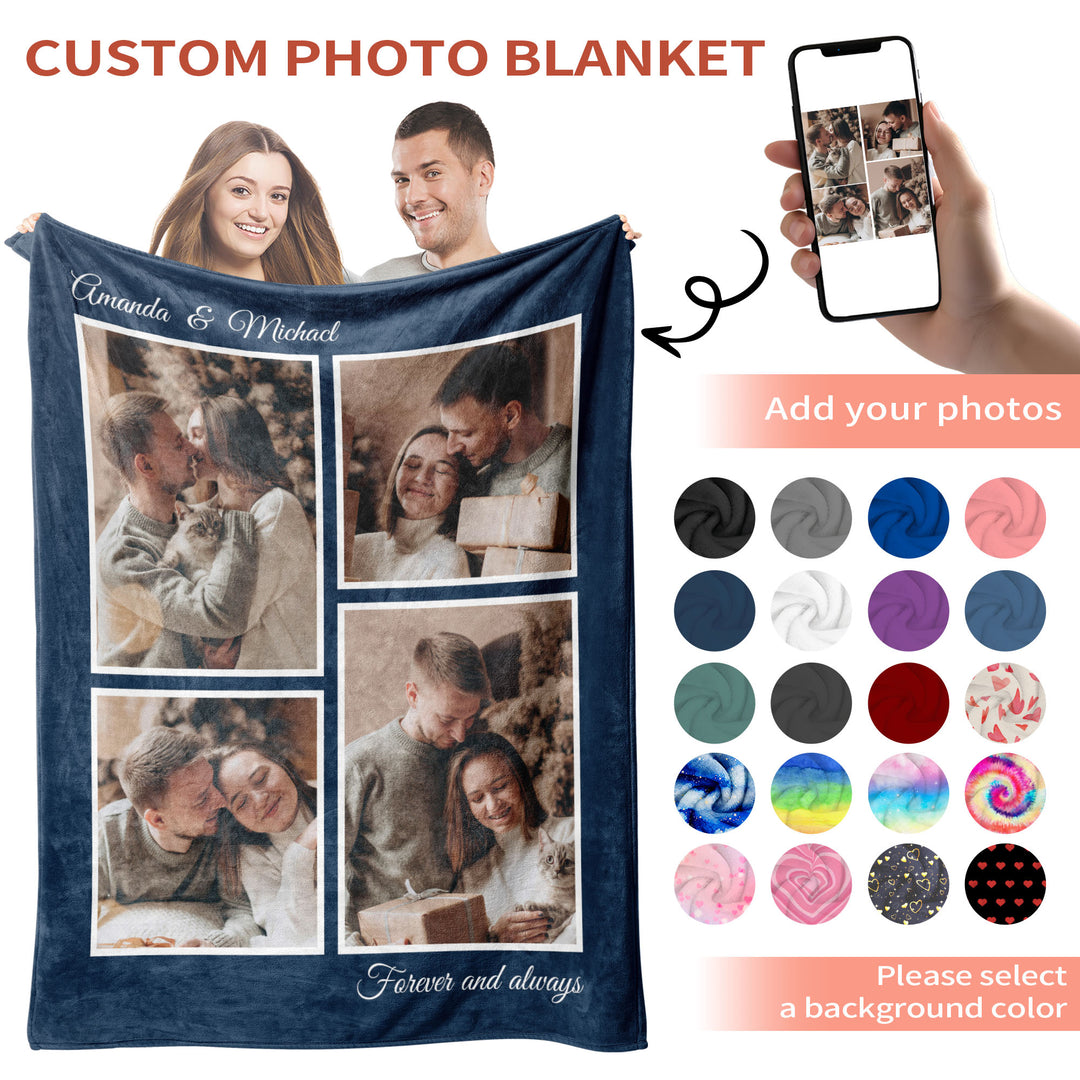 Custom 4-Photo Collage Flannel Blanket With Text