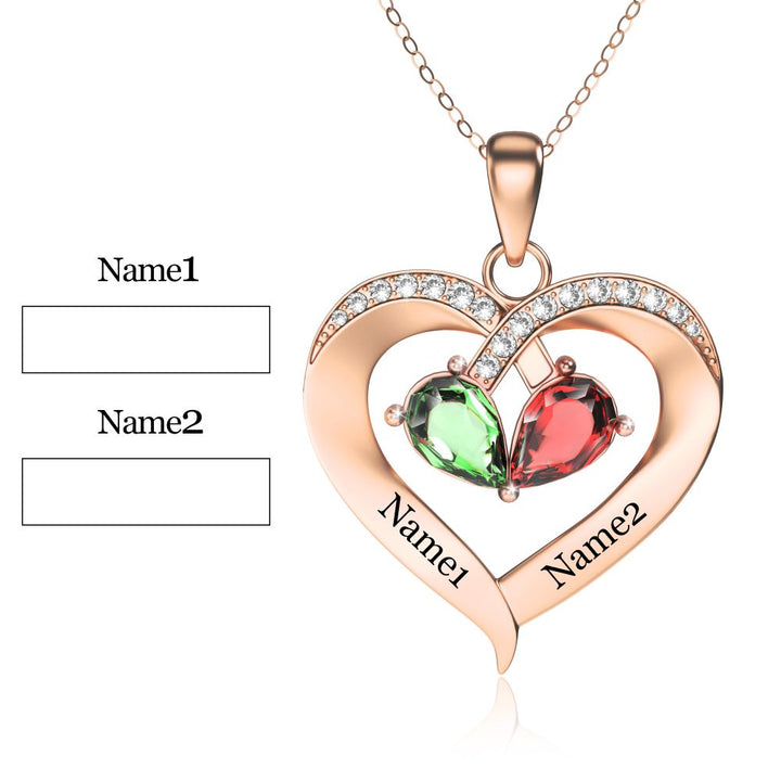 Personalized 2 Names Simulated Birthstone Heart Necklace With Diamond