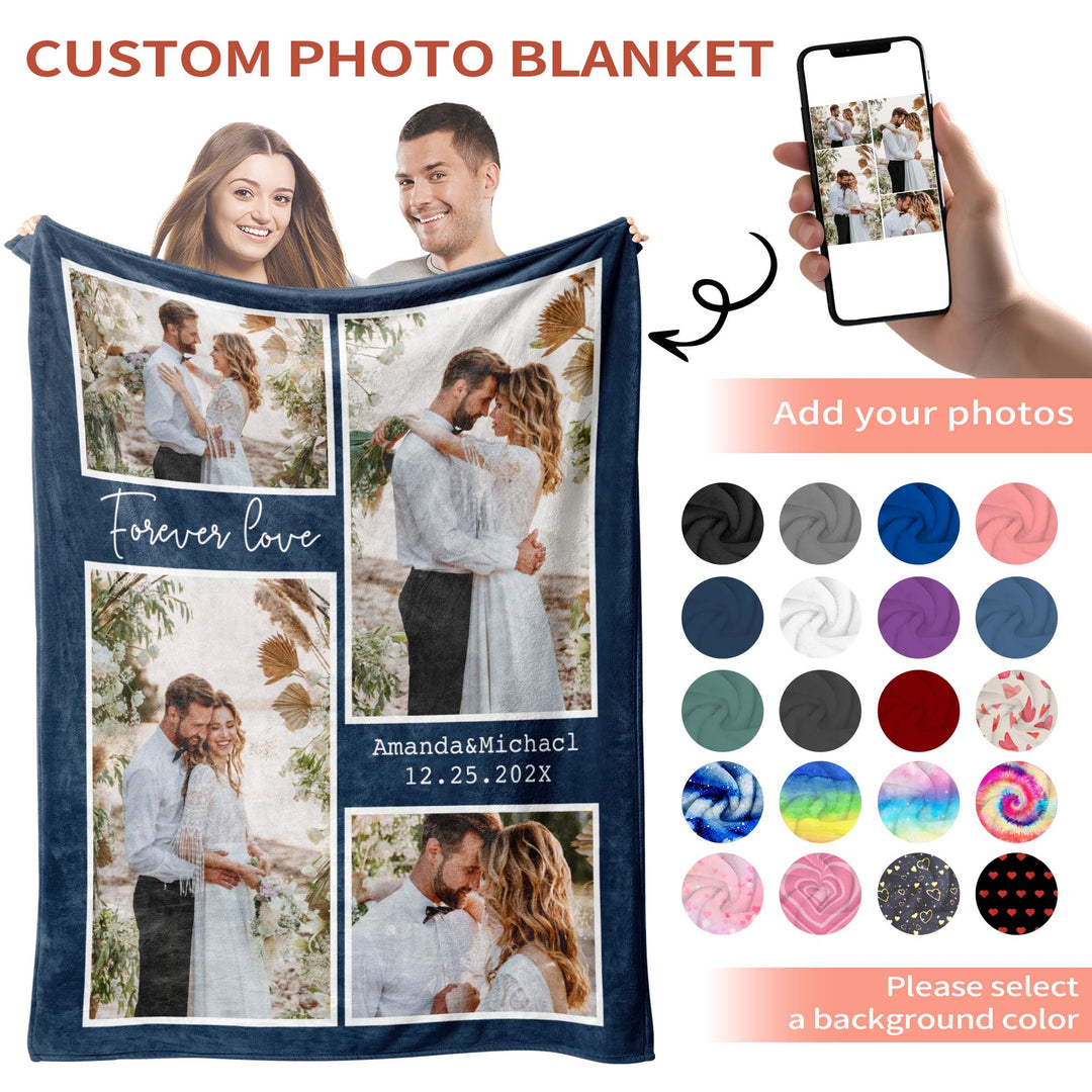 Custom Four Grids Collage Flannel Blanket With Text