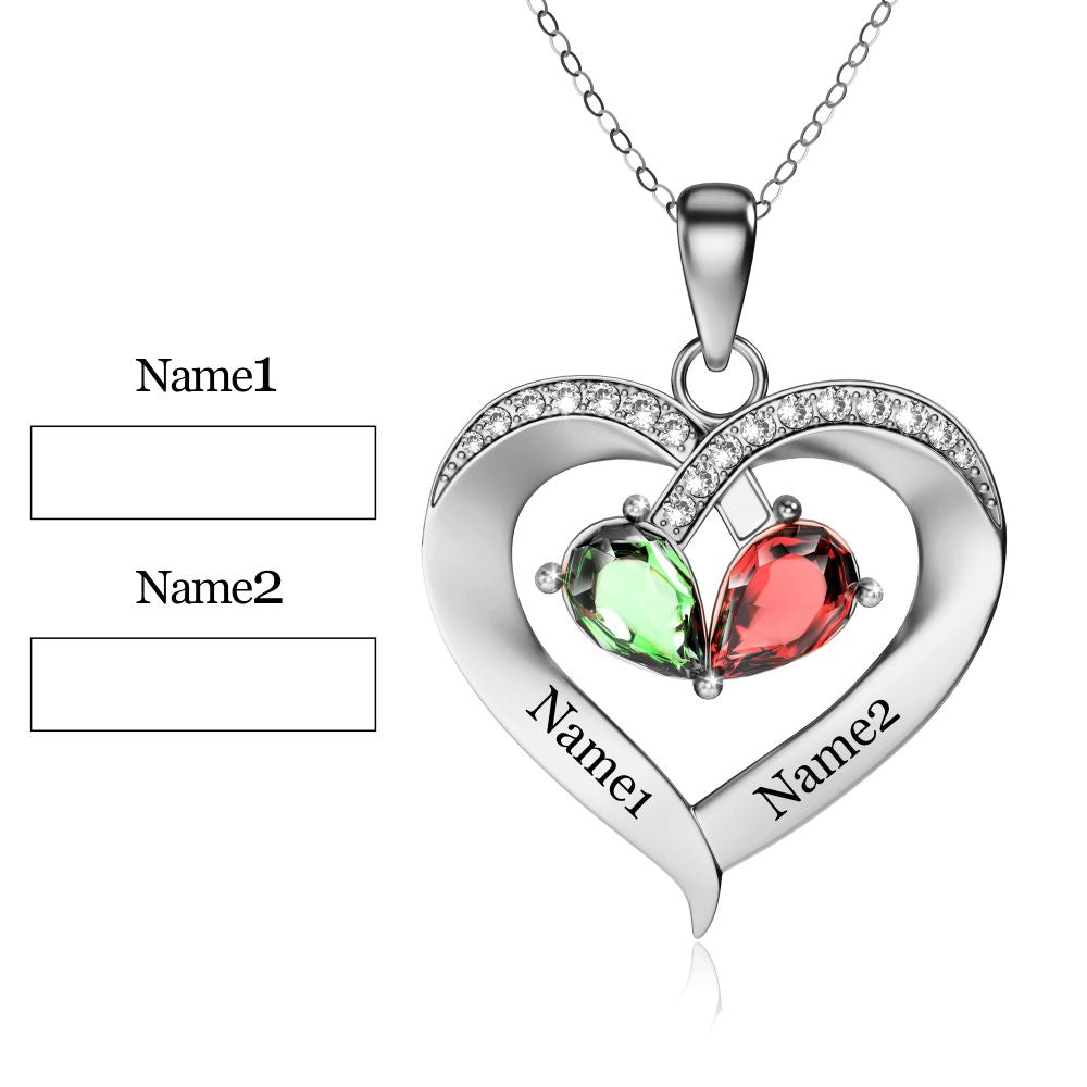 Personalized 2 Names Simulated Birthstone Heart Necklace With Diamond