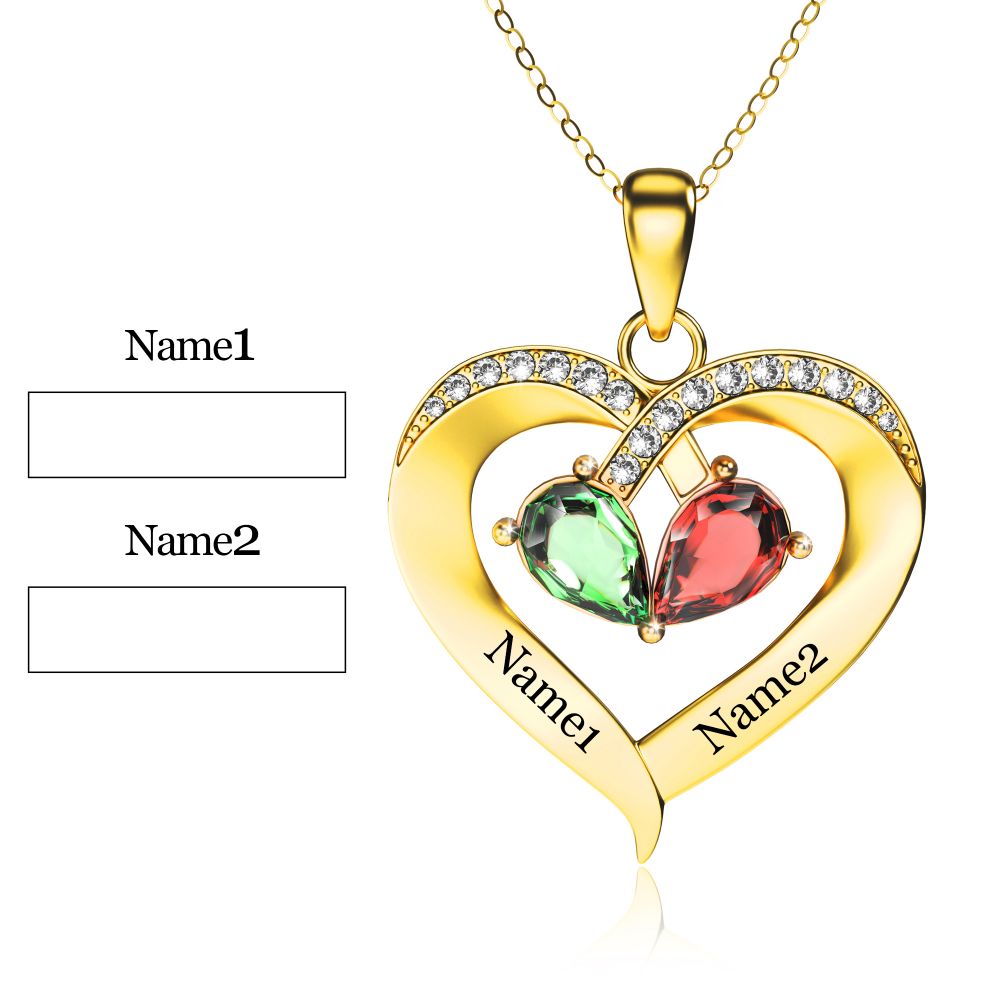 Personalized 2 Names Simulated Birthstone Heart Necklace With Diamond