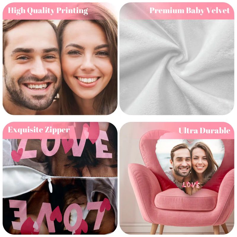 Custom Photo Two-Sides Heart Velvet Pillow Cover With Text