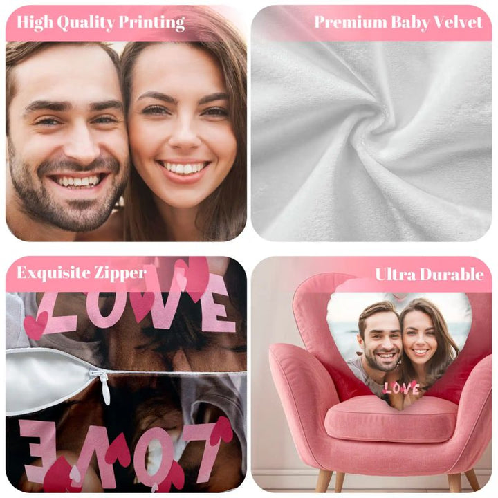 Custom Photo Two-Sides Heart Velvet Pillow Cover With Text