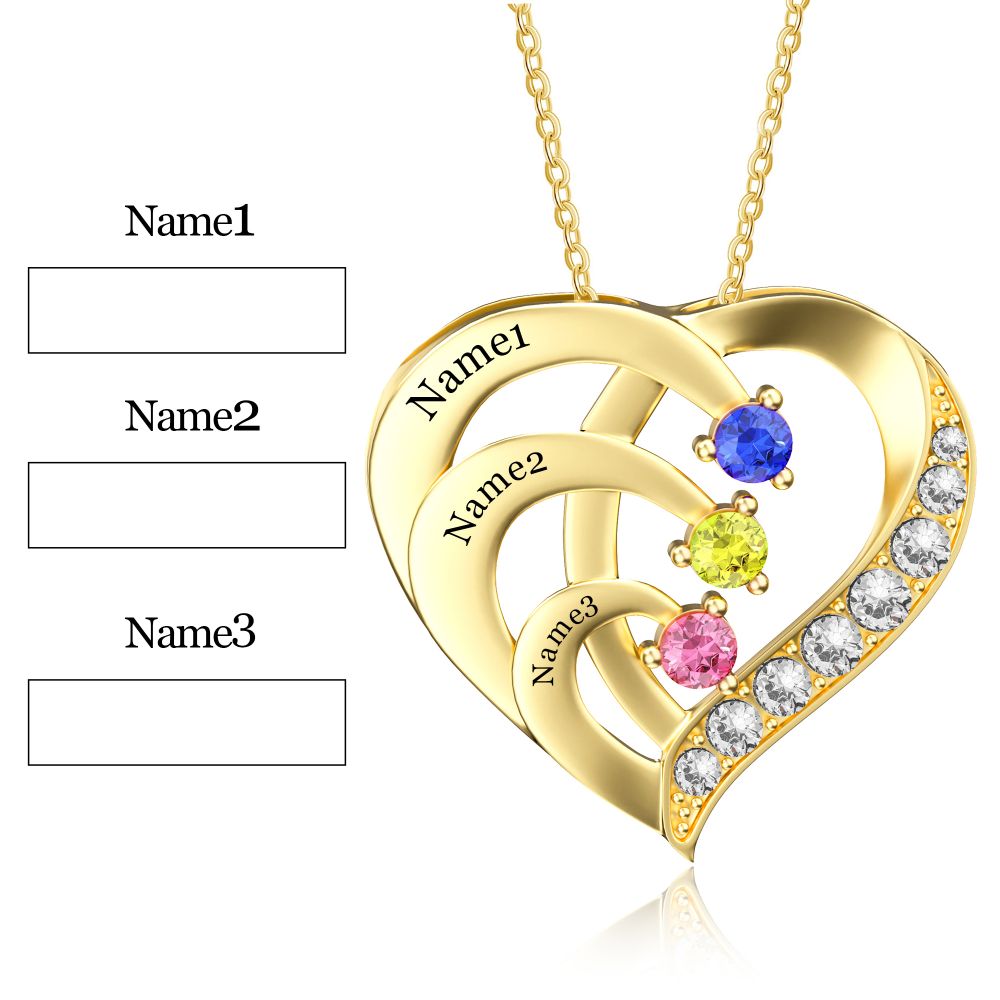 Personalized 3 Names Simulated Birthstone Heart Necklace