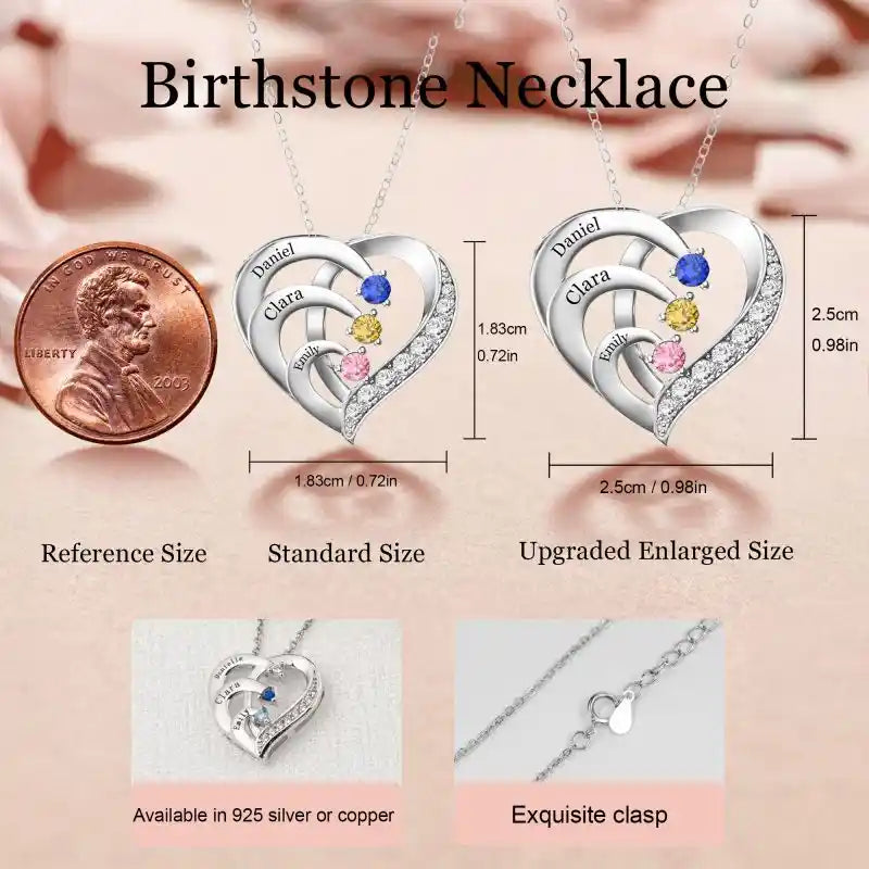 Personalized 3 Names Simulated Birthstone Heart Necklace