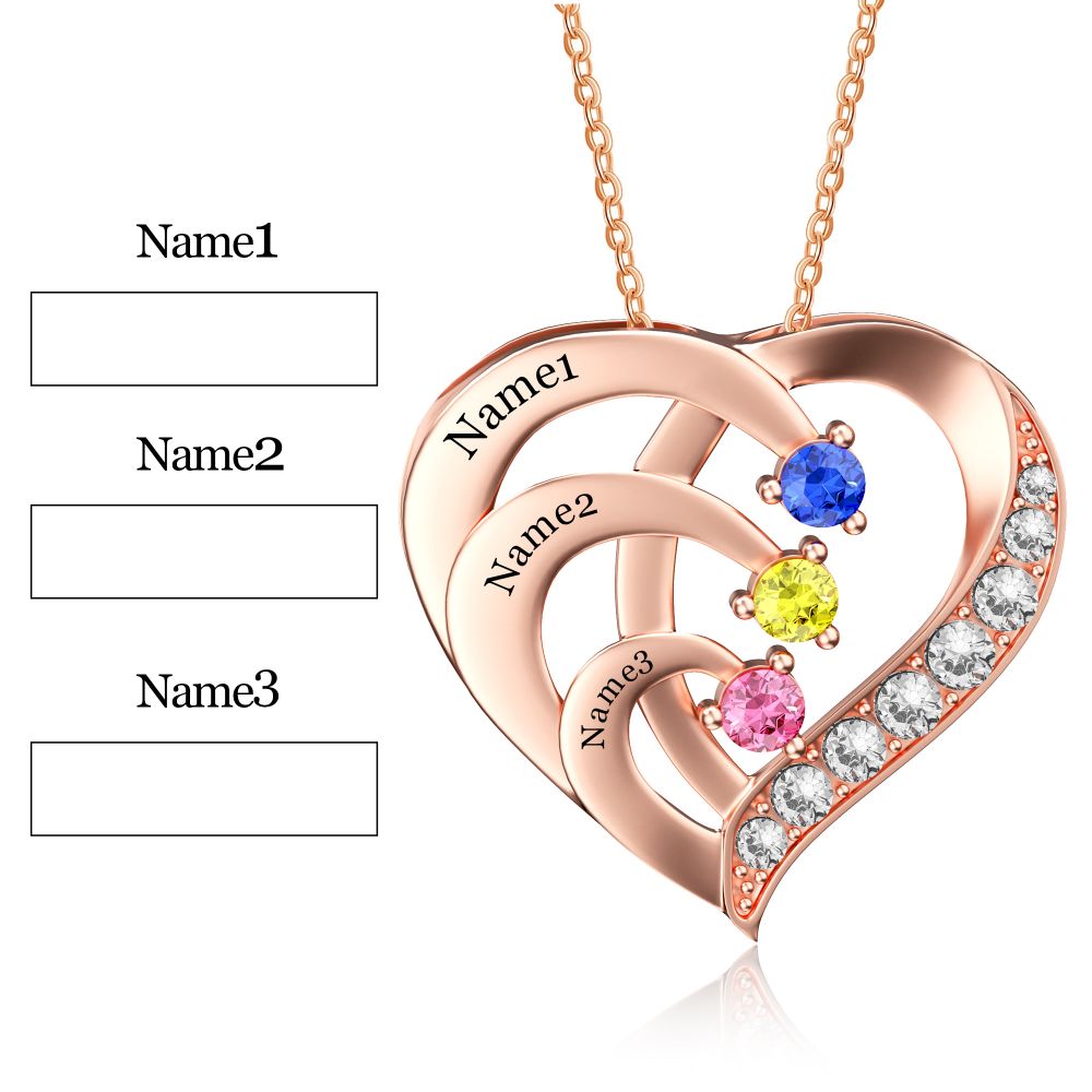 Personalized 3 Names Simulated Birthstone Heart Necklace