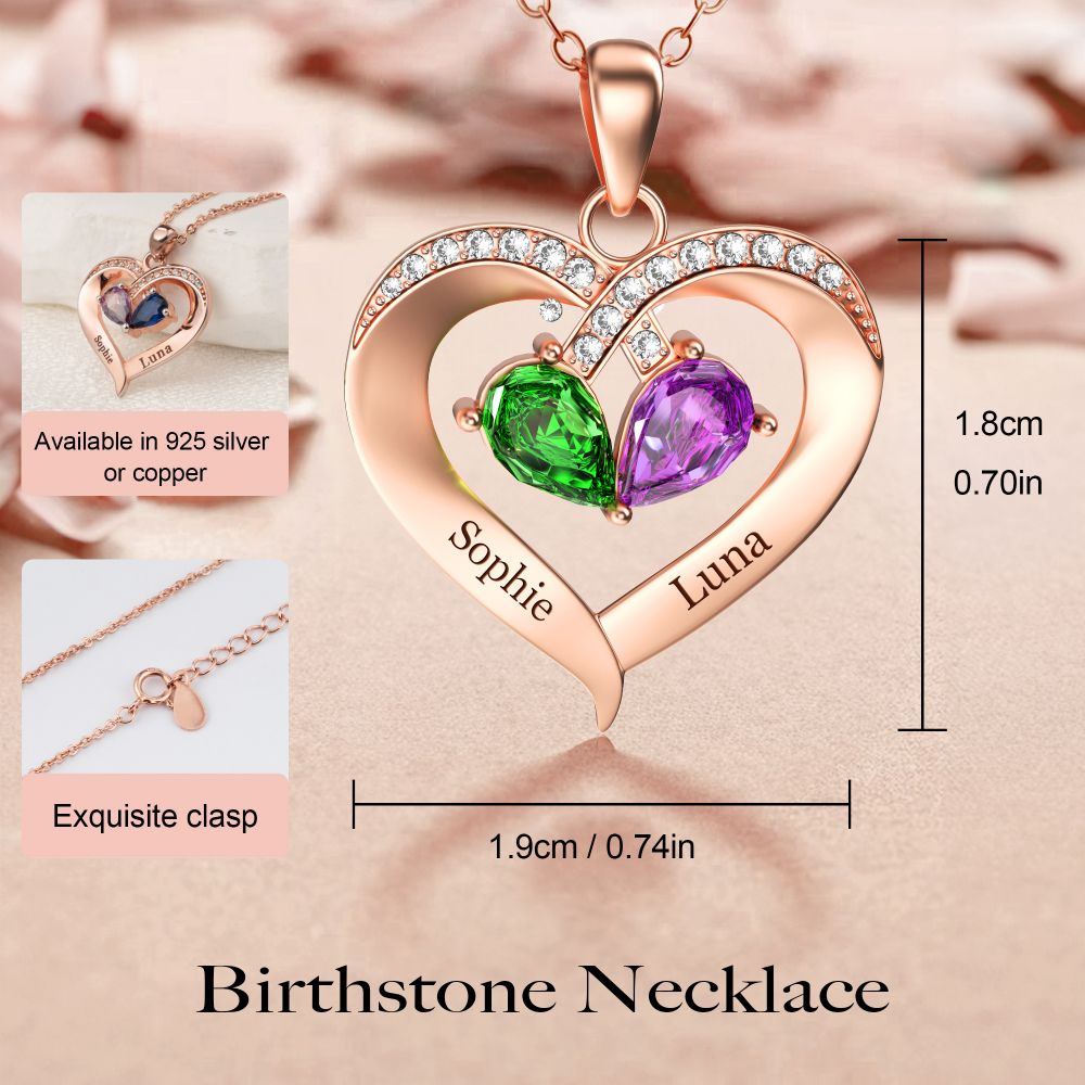 Personalized 2 Names Simulated Birthstone Heart Necklace With Diamond