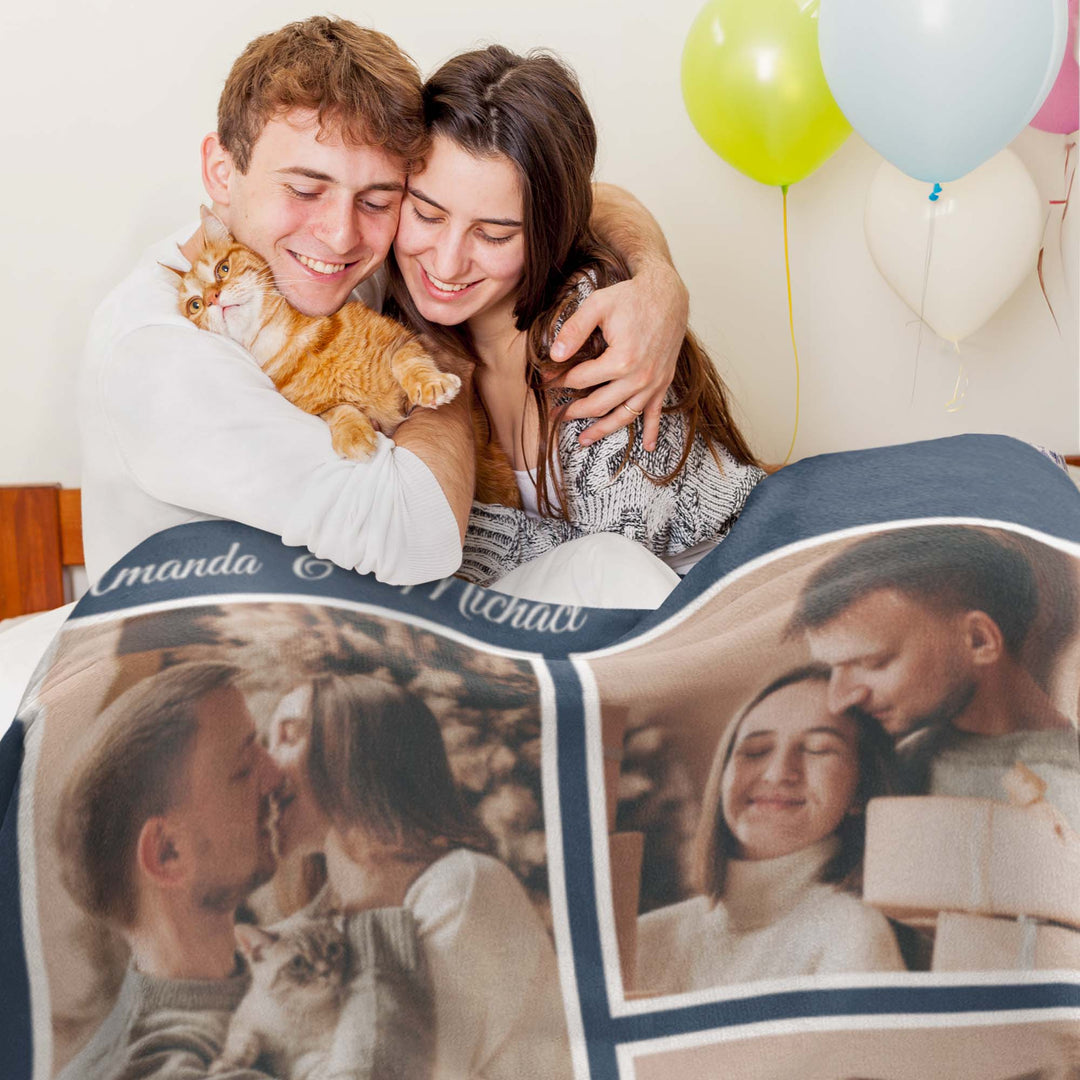 Custom 4-Photo Collage Flannel Blanket With Text