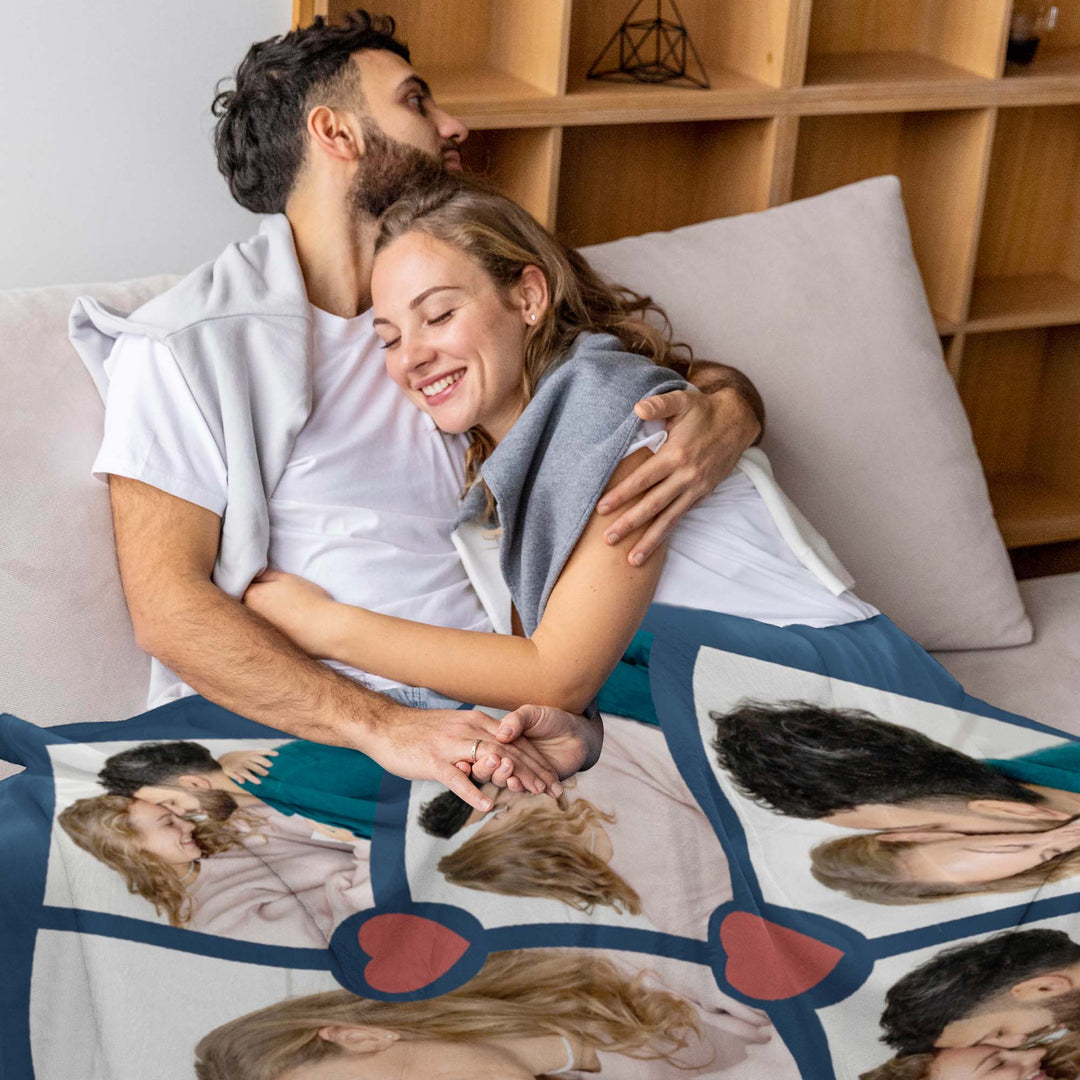 Custom Heart Linked Multi-Photo Collage Flannel Blanket With Text