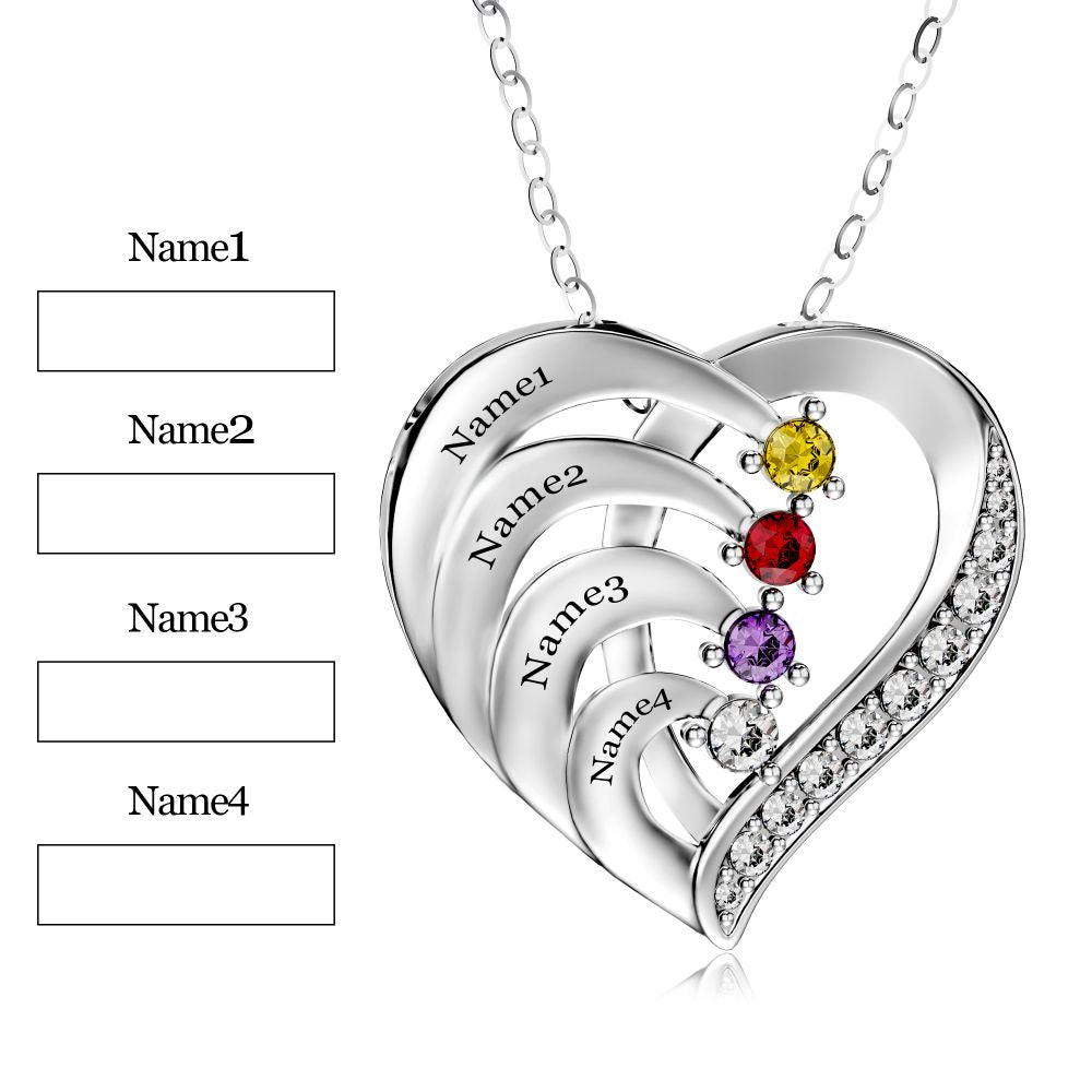 Personalized 4 Names Simulated Birthstone Heart Necklace