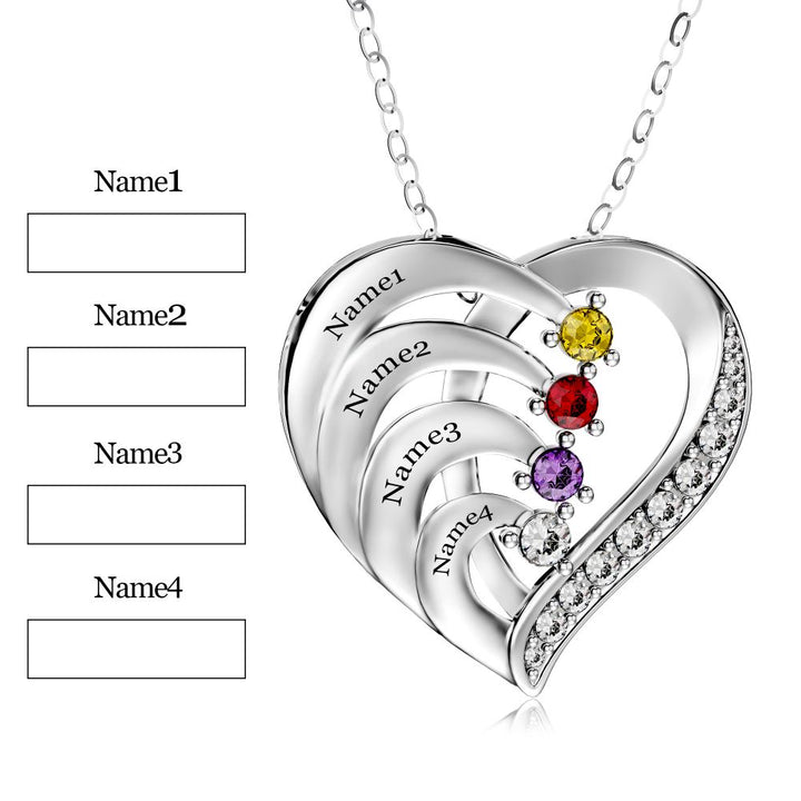 Personalized 4 Names Simulated Birthstone Heart Necklace
