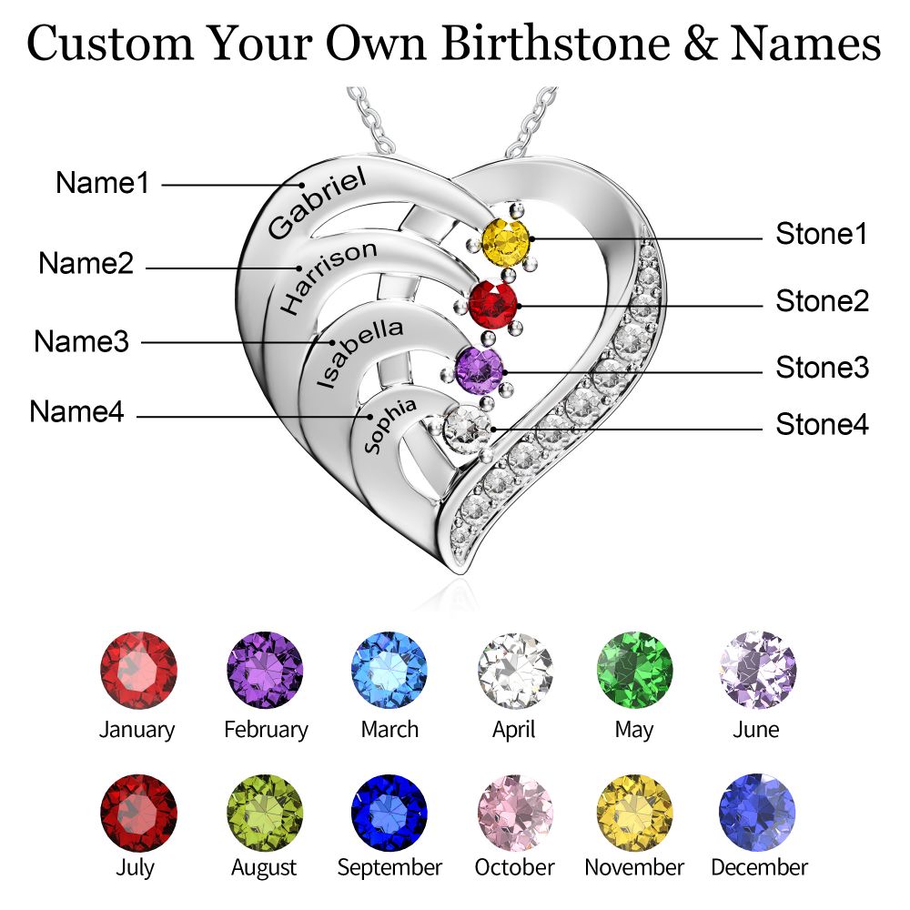 Personalized 4 Names Simulated Birthstone Heart Necklace