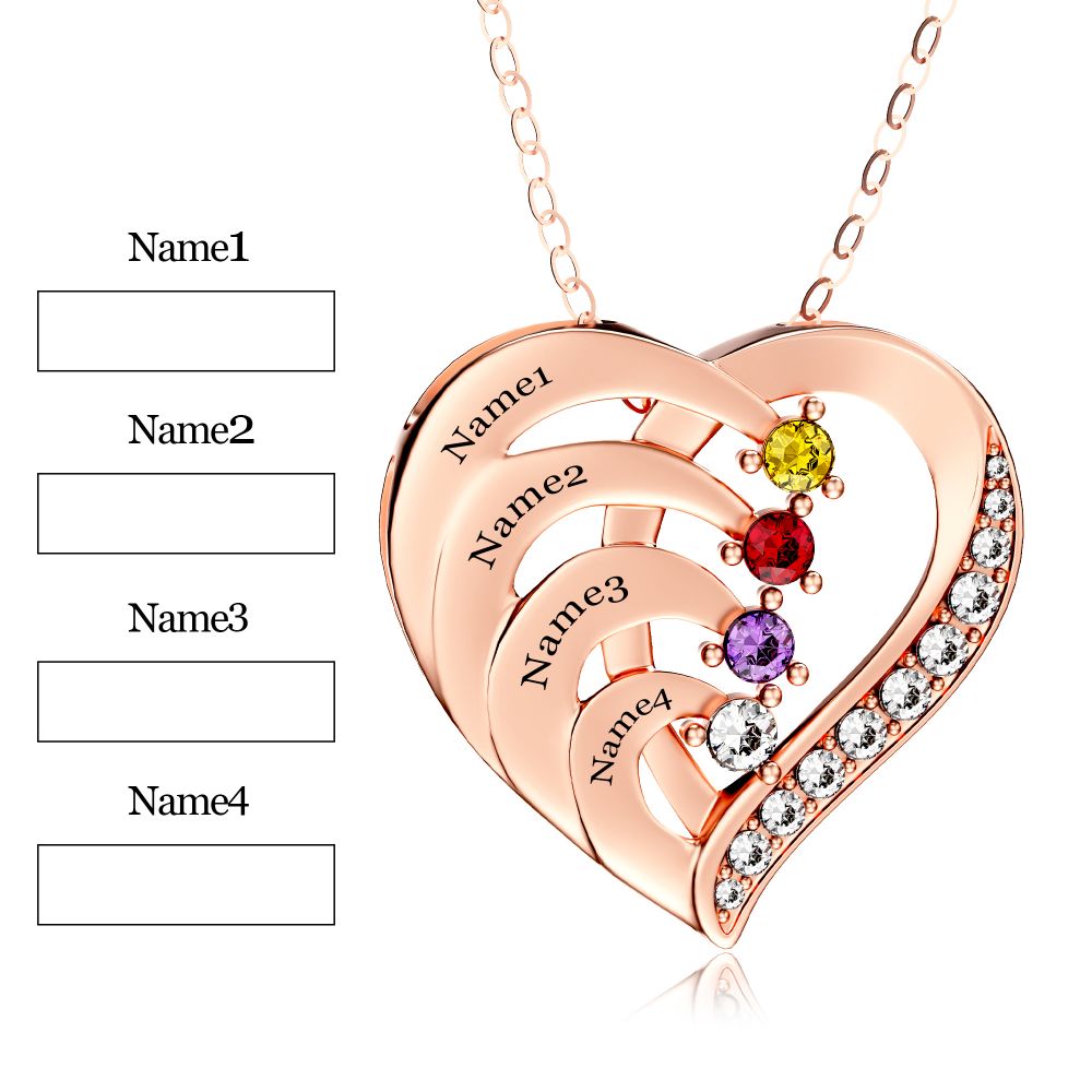 Personalized 4 Names Simulated Birthstone Heart Necklace
