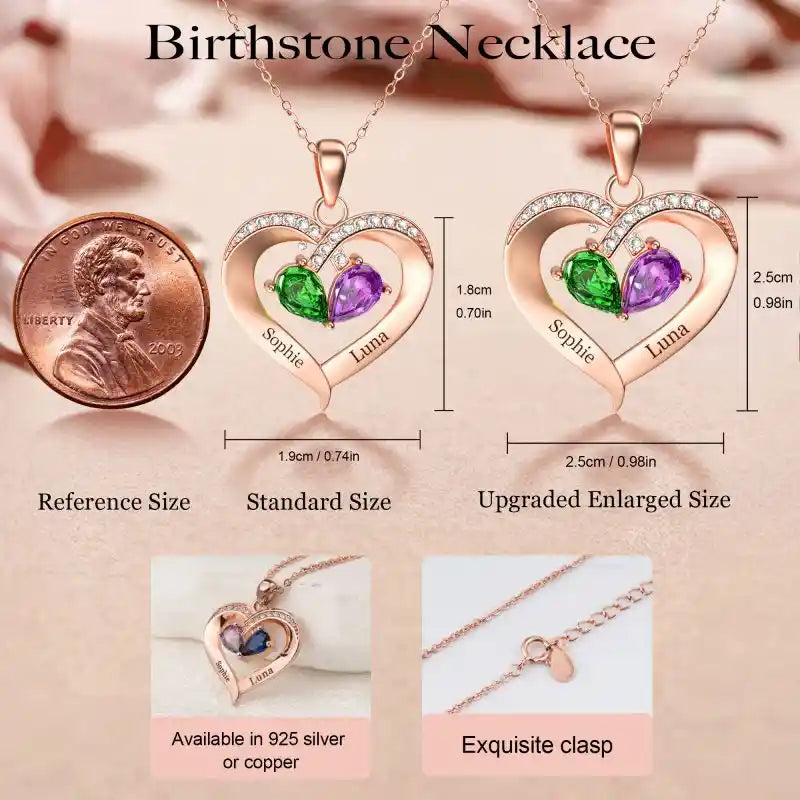 Personalized 2 Names Simulated Birthstone Heart Necklace With Diamond