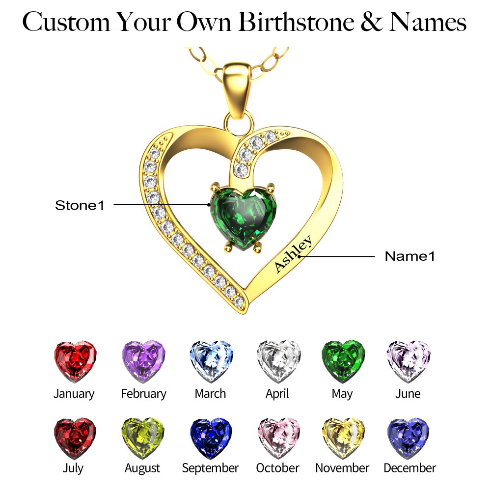 Personalized Name Simulated Birthstone Heart Necklace With Diamond