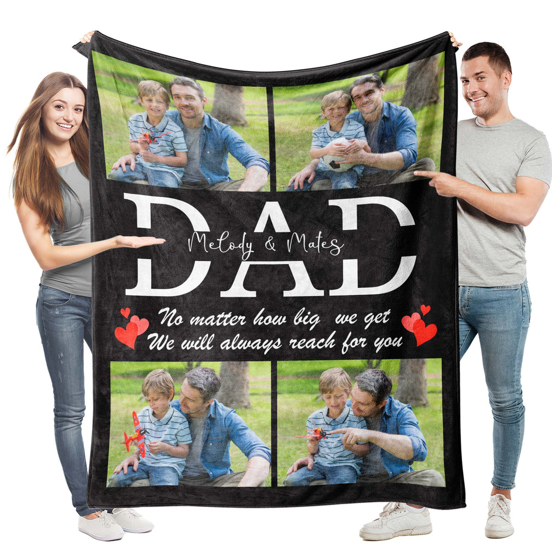 Personalized DAD 4-Photo Collage Flannel Blanket With Text - Custom Gift for Fathers