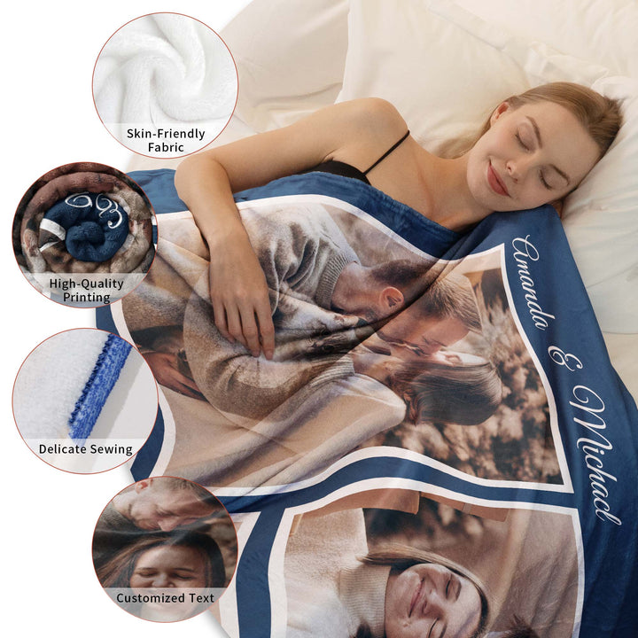 Custom 4-Photo Collage Flannel Blanket With Text