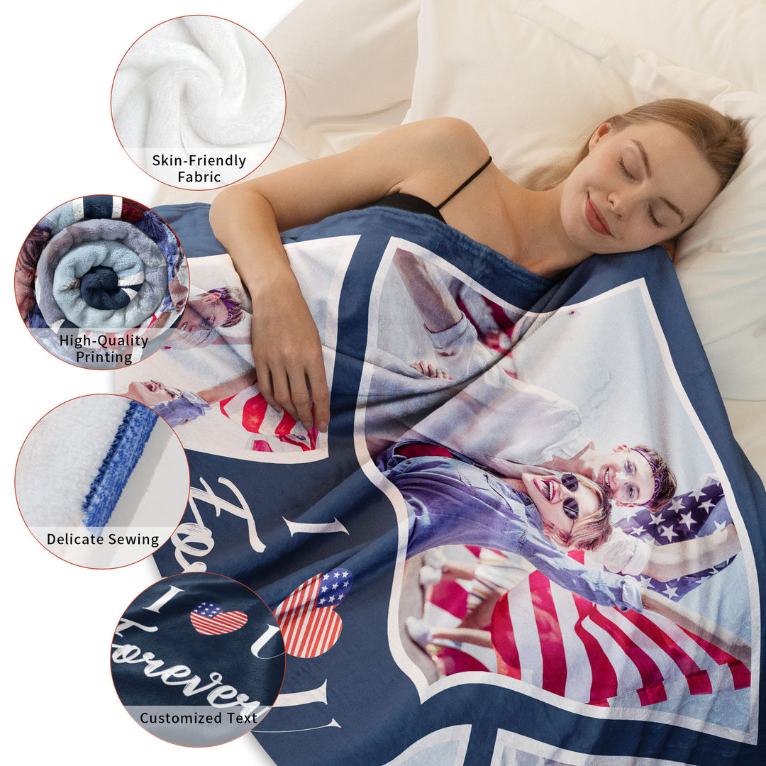 Custom 6 Grids Photo Collage Flannel Blanket With Text