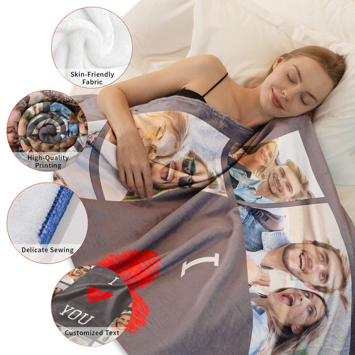 Custom Ten Grids Photo Text Flannel Blankets With Heart Icon