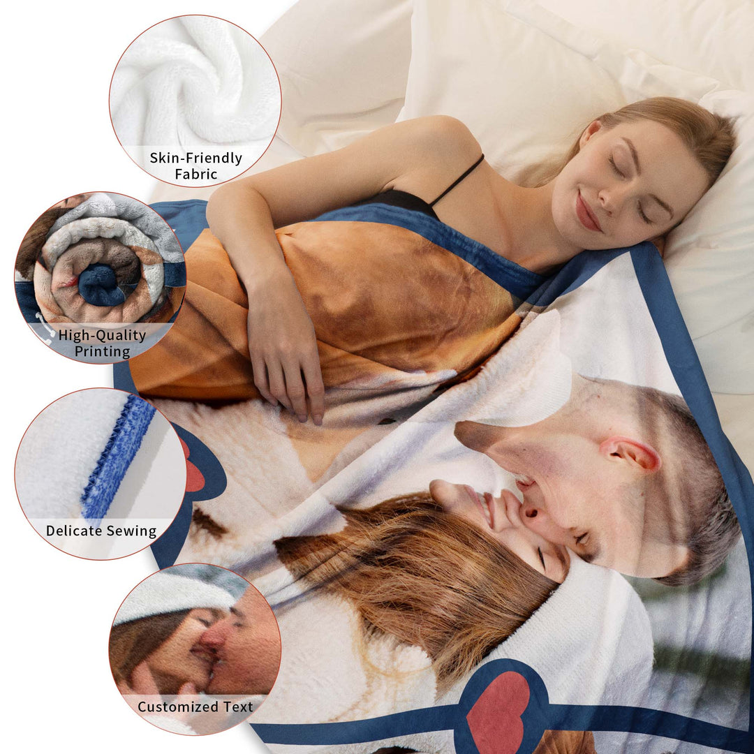 Custom Heart Linked Multi-Photo Collage Flannel Blanket With Text