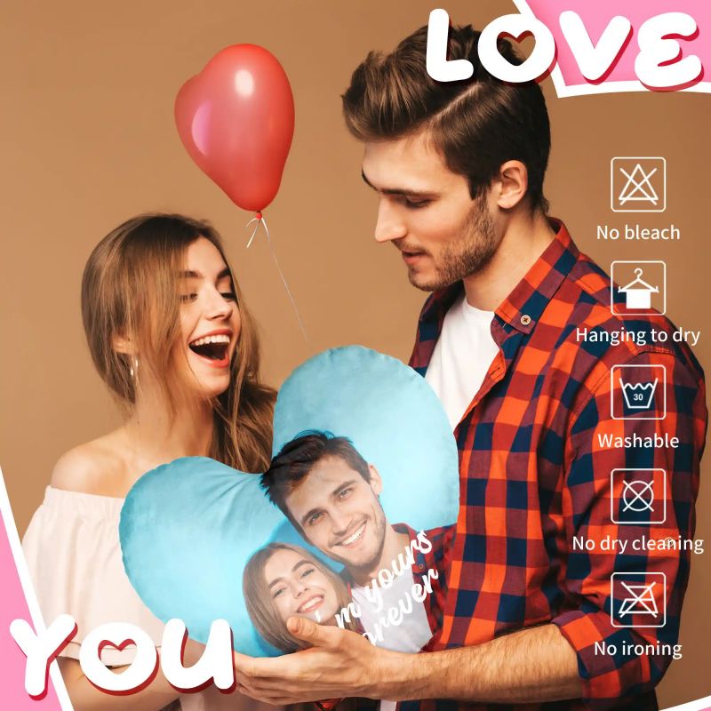 Custom Photo Two-Sides Heart Velvet Pillow Cover With Text