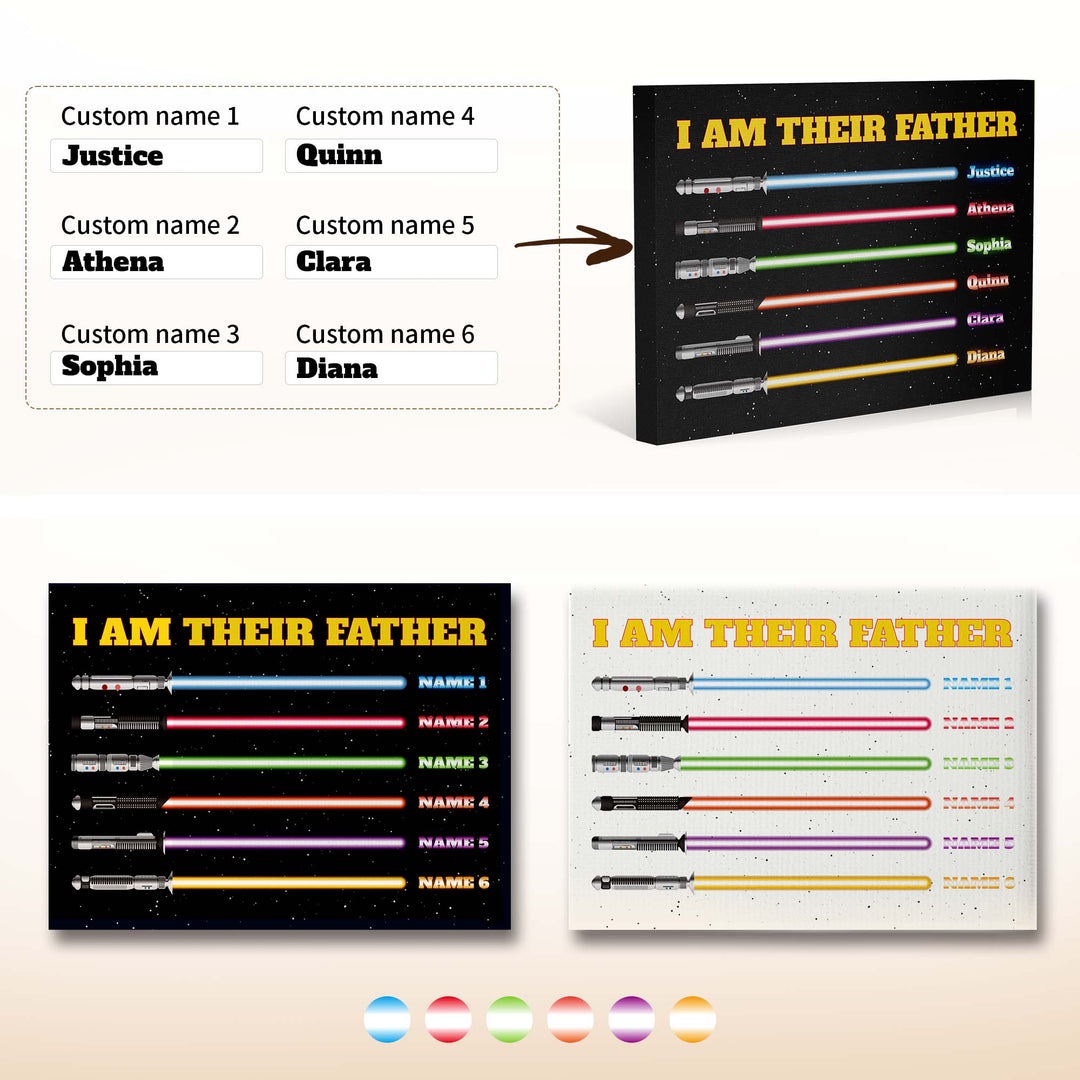 Easycosy Father's Day Gifts Custom Framed Canvas Prints with 1-6 Kids Color Names Sabers（Made in USA）