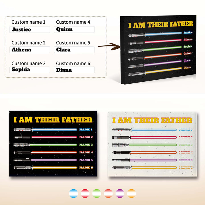 Easycosy Father's Day Gifts Custom Framed Canvas Prints with 1-6 Kids Color Names Sabers（Made in USA）