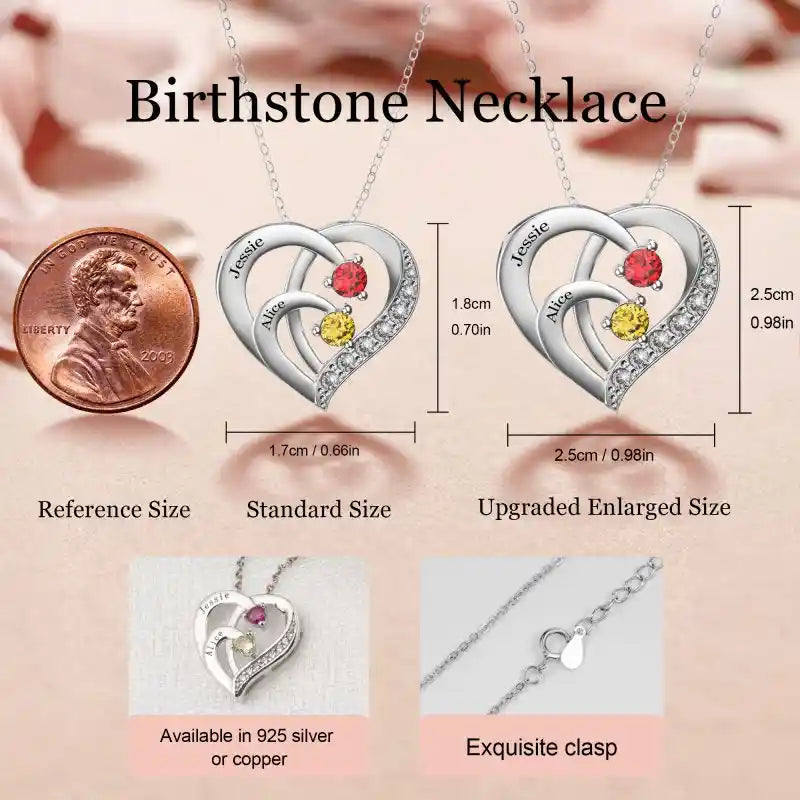 Personalized 2 Names Simulated Birthstone Heart Necklace