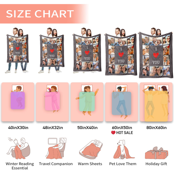 Custom Ten Grids Photo Text Flannel Blankets With Heart Icon