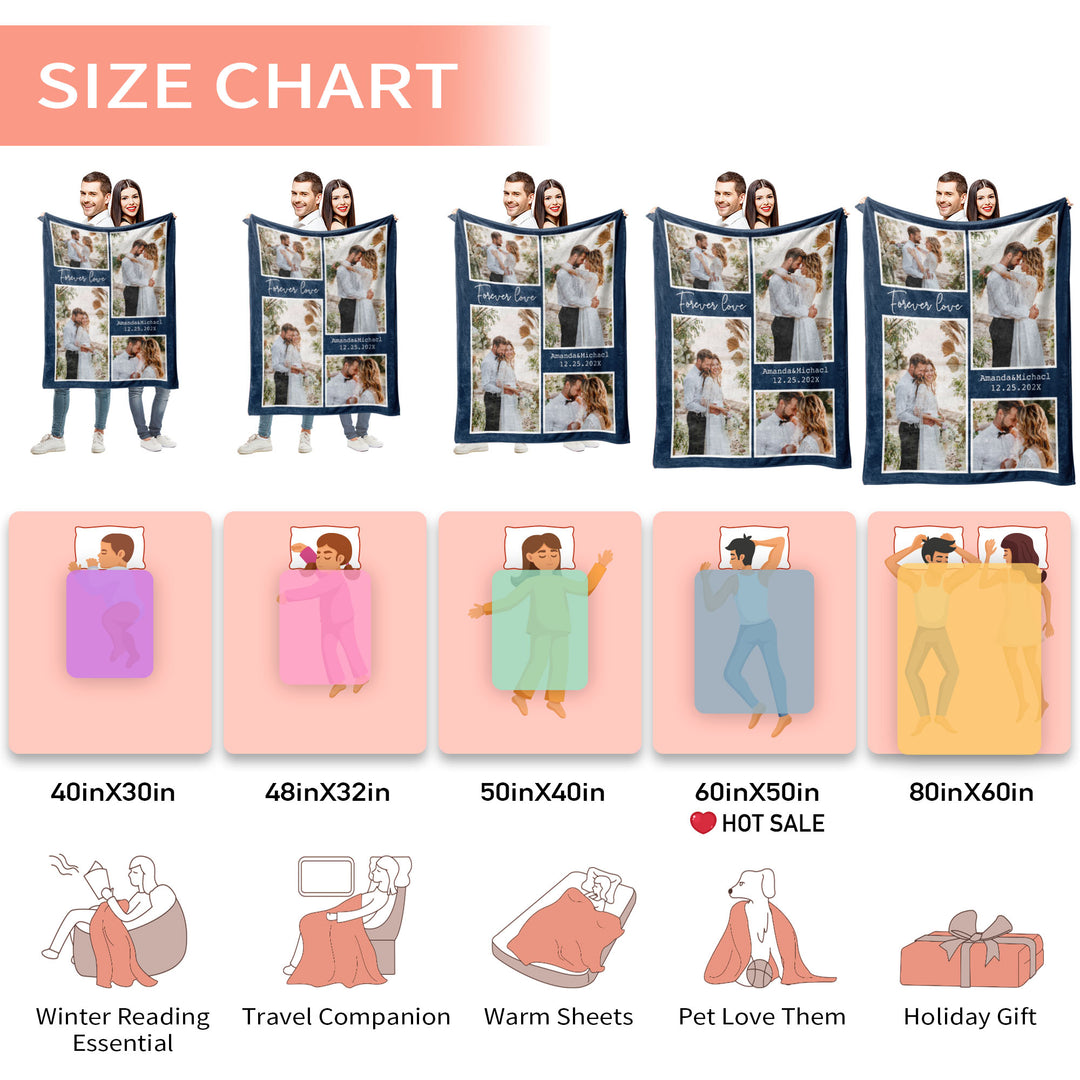 Custom Four Grids Collage Flannel Blanket With Text