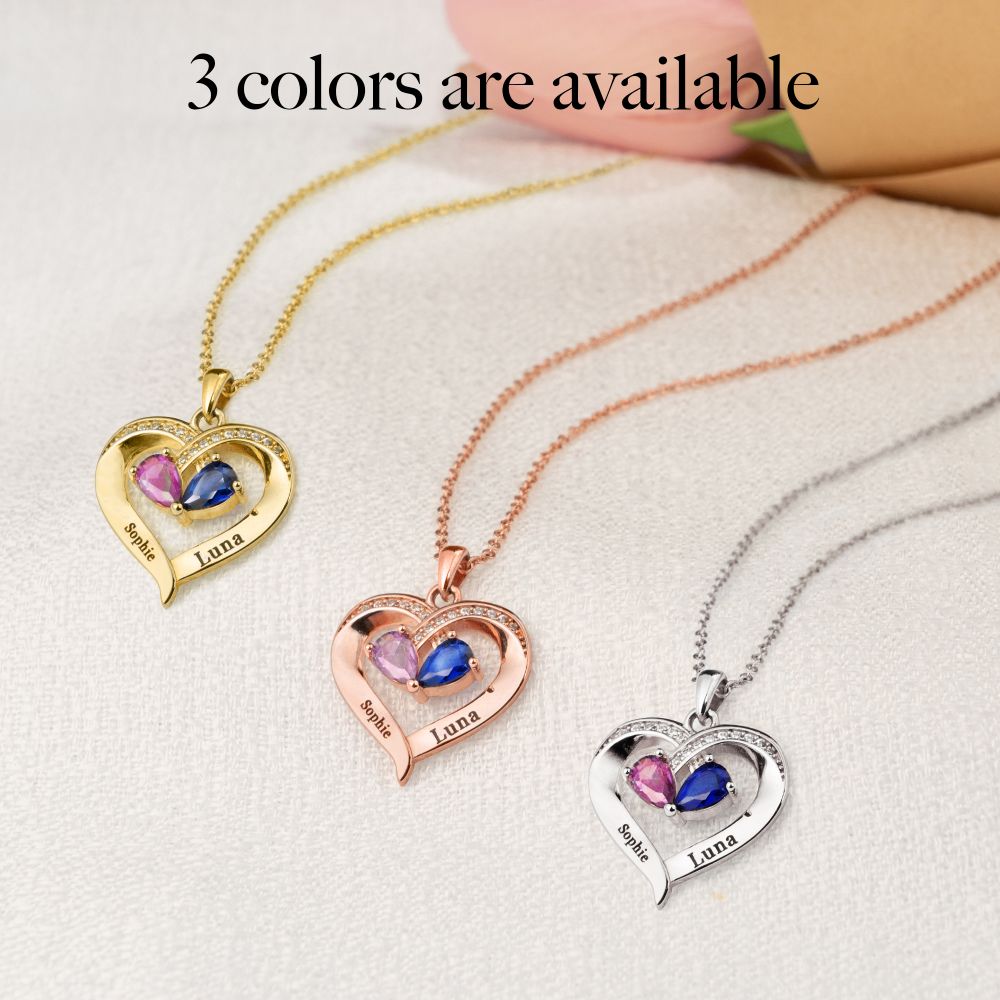 Personalized 2 Names Simulated Birthstone Heart Necklace With Diamond