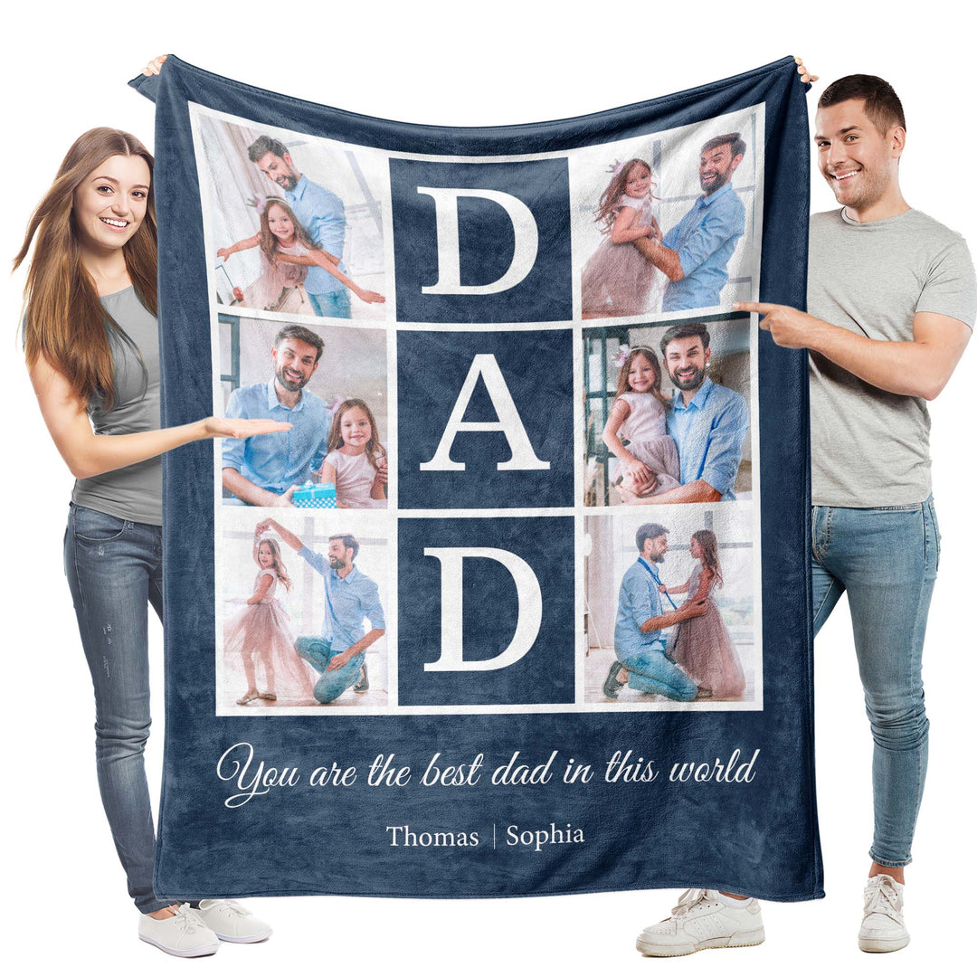 Personalized DAD 6-Photo Collage Flannel Blanket With Text - Custom Gift for Fathers
